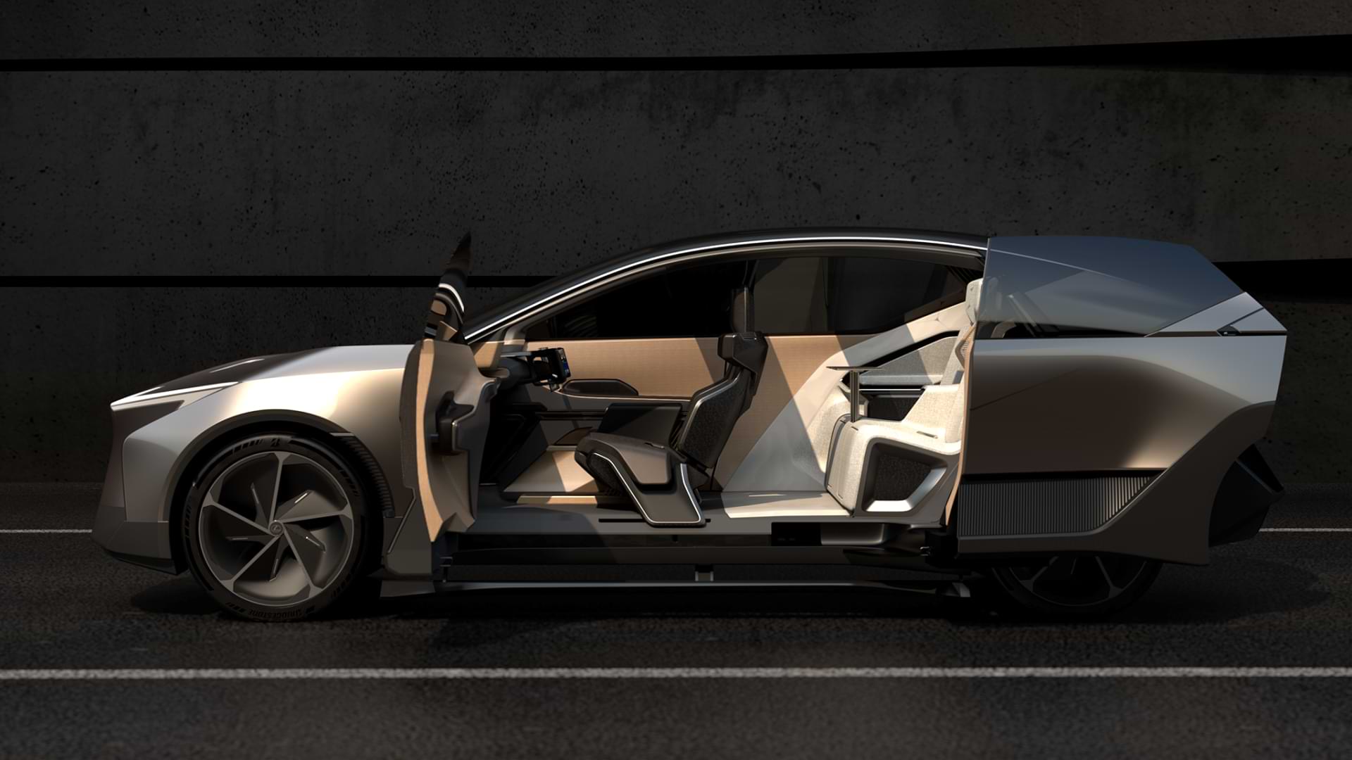Side view of a car with the door open.