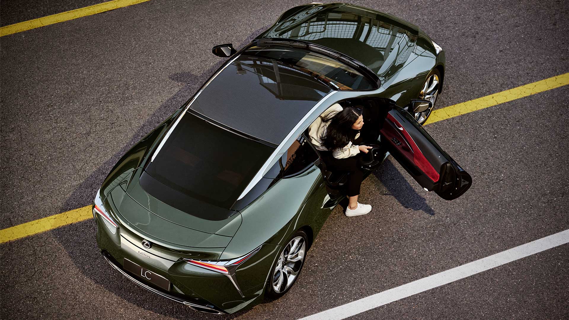 Aerial view of Lexus LC 500, 2020 Inspiration Series featuring a unique Nori Green Pearl paint finish. 