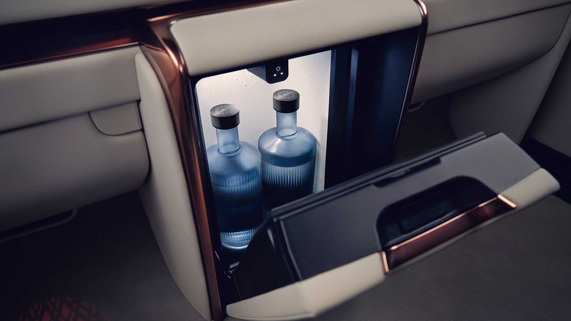The mini fridge feature in the back cabin of the Lexus LM 500h Ultra Luxury vehicle