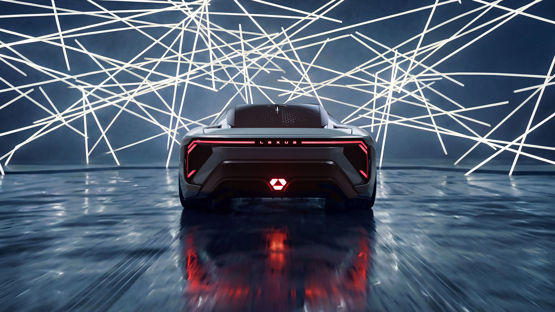 Rear view of the Lexus LFA Concept displayed beneath an abstract light installation