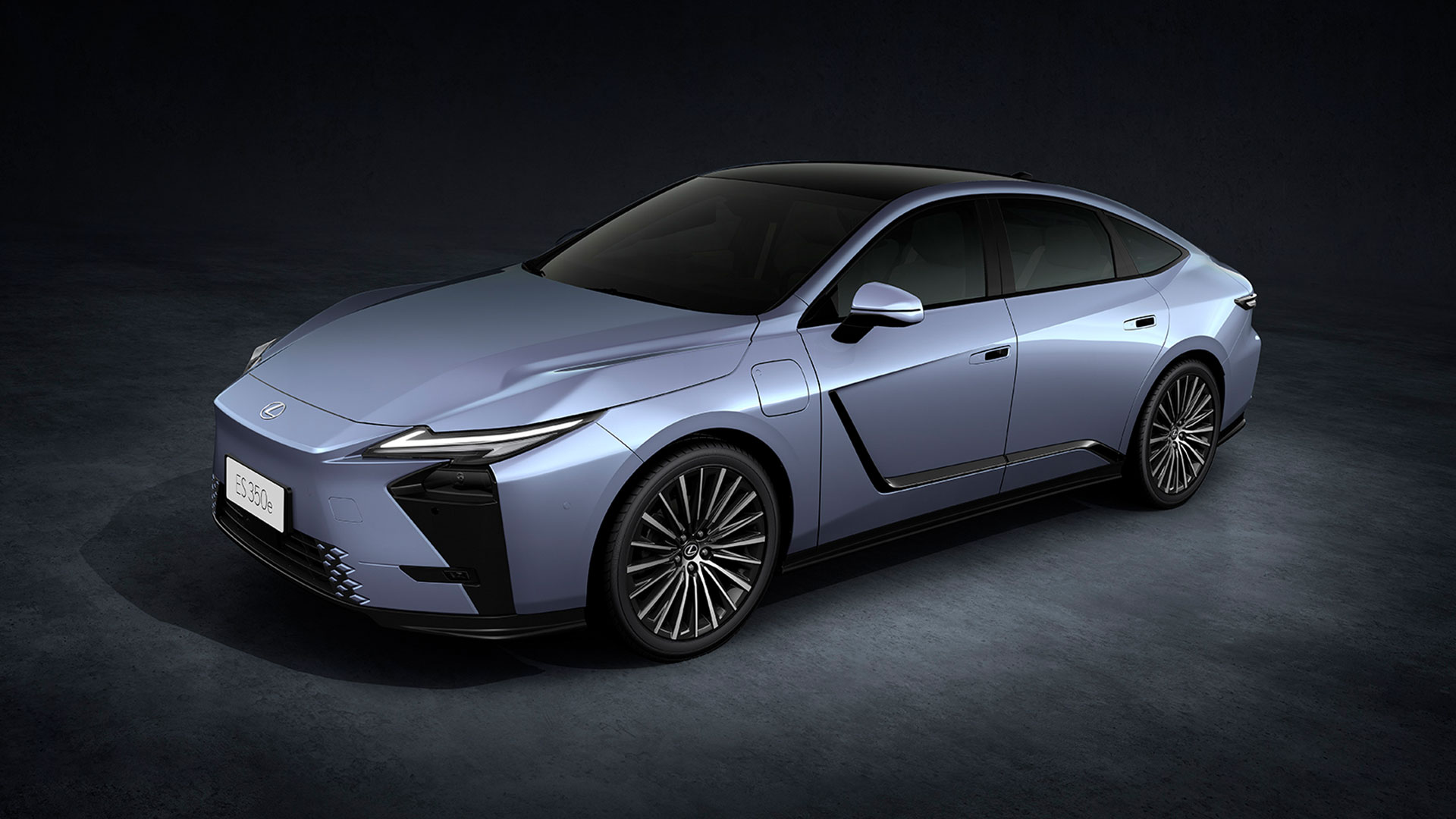 Light blue 2026 Lexus ES 350e all-electric sedan, side profile view in studio setting.