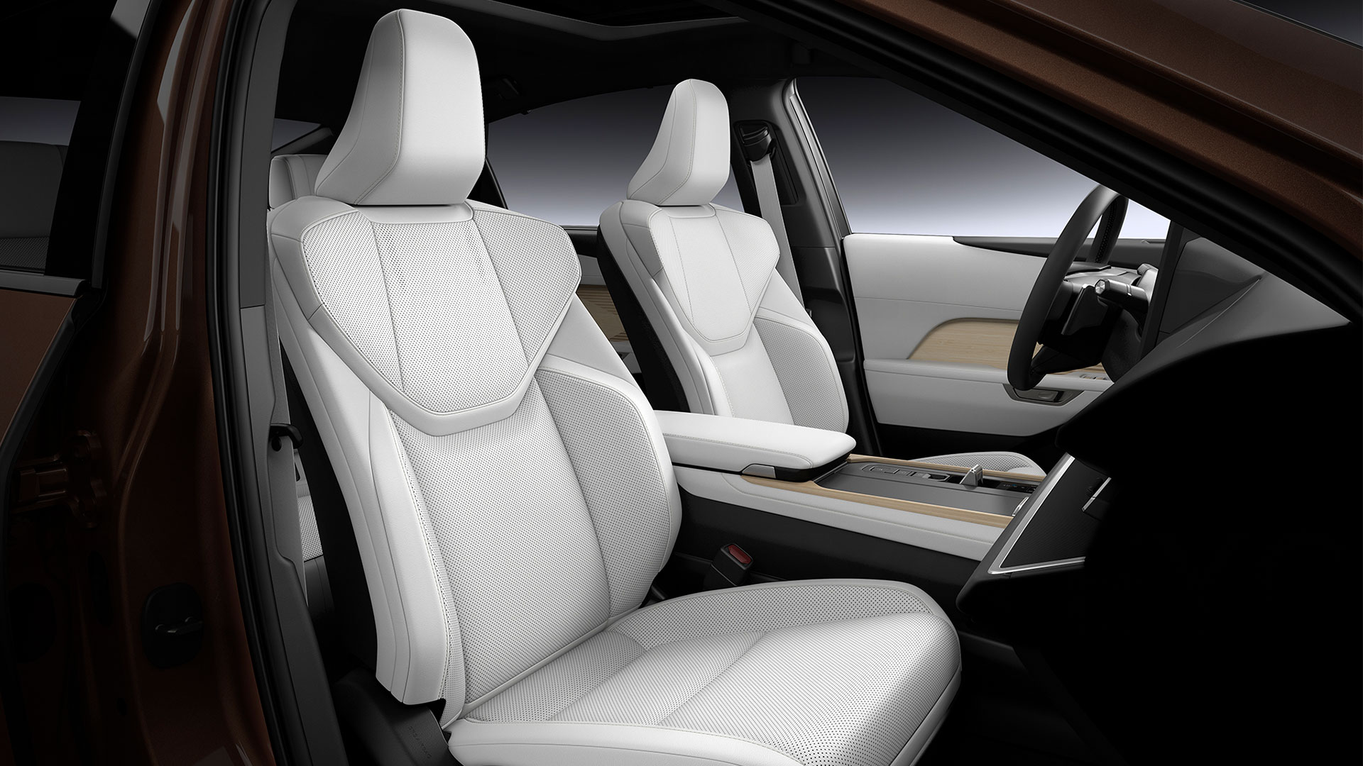 Lexus ES sedan's interior driver's cabin showcasing white leather seats.